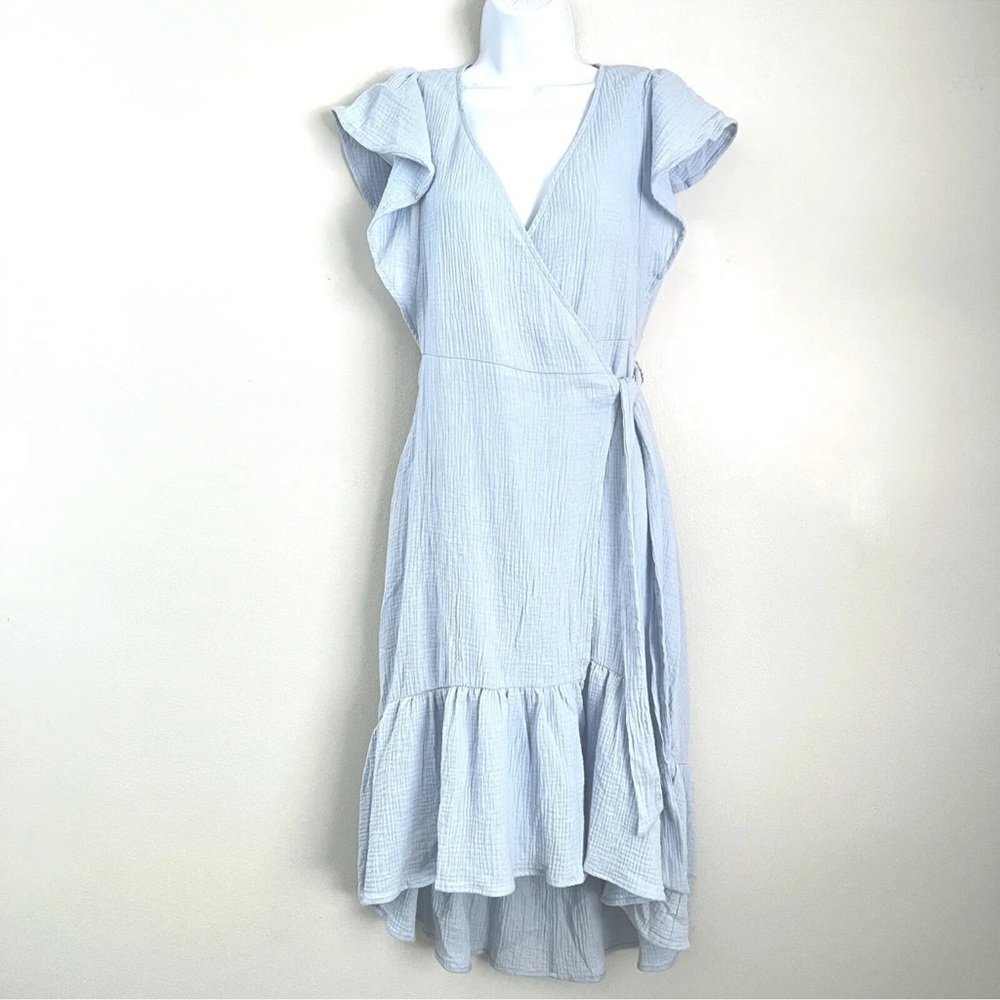 DREW baby blue gauze high low wrap dress with ruffle sleeve
